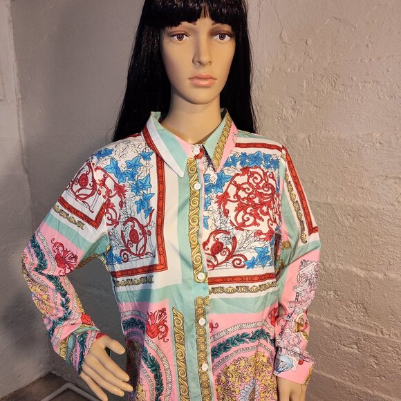 Unbranded Designer Style Paisley Pink Blue White Button-up Long Sleeve M-L - Picture 1 of 10